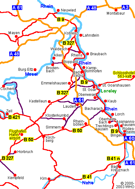 Landkarte Mittelrhein mit Rheinverlauf zwischen Bingen, Koblenz und Flughafen Hahn im Hunsrck.