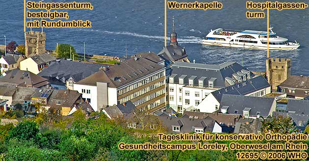 Über die 550 m lange begehbare Stadtmauer von Oberwesel am Rhein erreicht man den Hospitalgassenturm, die Wernerkapelle und den besteigbaren Steingassenturm. 