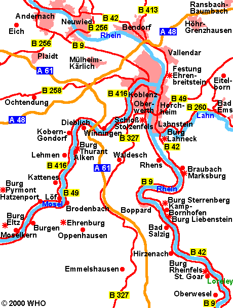 Mittelrhein-Karte von Oberwesel bis Neuwied und Umgebung mit Rheinverlauf und Moselverlauf bis Burg Eltz