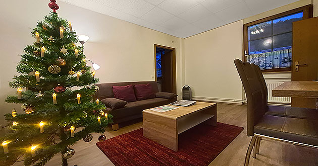 Geschmckter Weihnachtsbaum im Wohnzimmer der Mittelrhein-Ferienwohnung