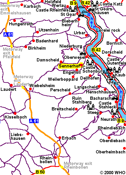 Übersichtskarte der Seitentäler im Hunsrück zwischen A 61 und Rheintal im Raum Mittelrheintal